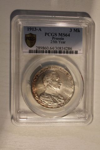 Nsw - Leipzig Prussia 3 Mark 1913,  25th Year Of Reign Pcgs Ms 64 Great Coin photo