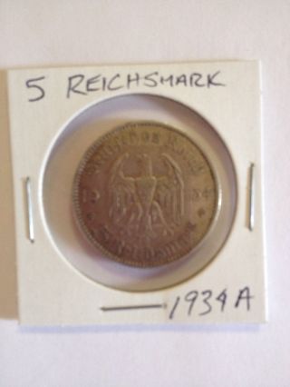 Antique Wwii Nazi Germany 1934 A 5 Reichsmark Silver Coin photo