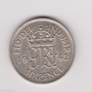 Uk - Great Britain - 1942 Sixpence - 50 Silver 6 Pence photo