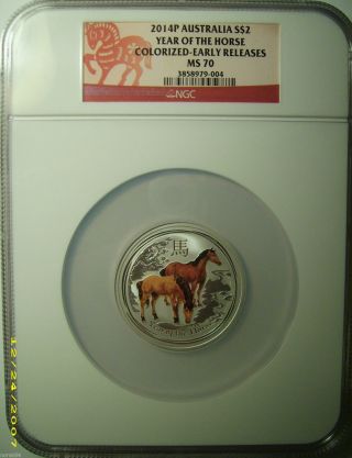 2014 - P S$2 Australia Year Of The Horse 2 Oz.  Silver Colorized Ngc Ms70 Er photo
