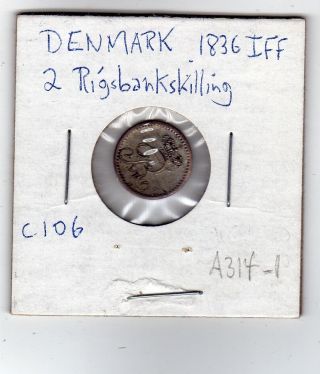 Denmark 2 Rigsbank Skilling 1836 Silver Vf Circulated photo