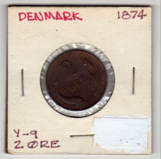 Denmark 2 Ore 1874 Bronze Xf Circulated photo
