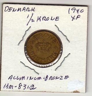 Denmark 1/2 Krone 1940 Xf Aluminum Bronze Circulated photo