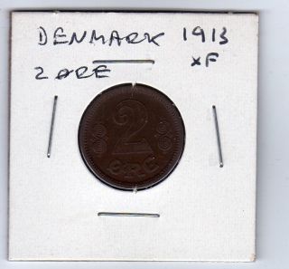 Denmark 2 Ore 1913 Bronze Xf Circulated photo