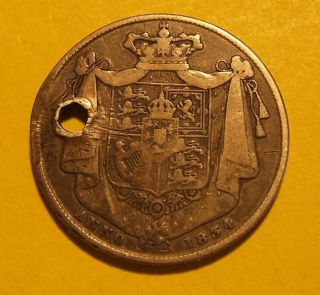 1834 Great Britain Half ½ Crown Silver Script Antique Coin Vintage Money Holed photo