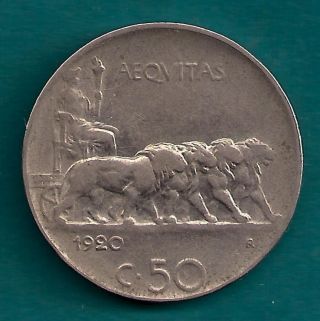 Italy Kingdom 50 Centesimi 1920 - R Four Lions Pull Cart Of Aequitas Coin photo