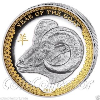 2015 Palau 1 Oz.  999 Silver Year Of The Goat $5 Gilded High Relief Coin photo
