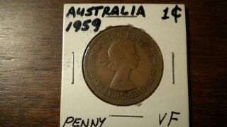 1959 Australia Elizabeth Ii One Penny Coin photo