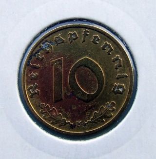 Germany - Third Reich 1937 F - Stuttgart 10 Pfennig - Nazi Coin Swastika Km 92 photo