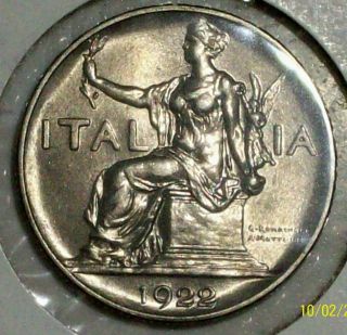 Italy 1 Lira 1922 R About Uncirculated Copper Nickel Coin photo