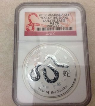 2013 P Australia Lunar Year Of Snake 1 Oz Pure Silver Coin Ngc Ms70 Red Label photo