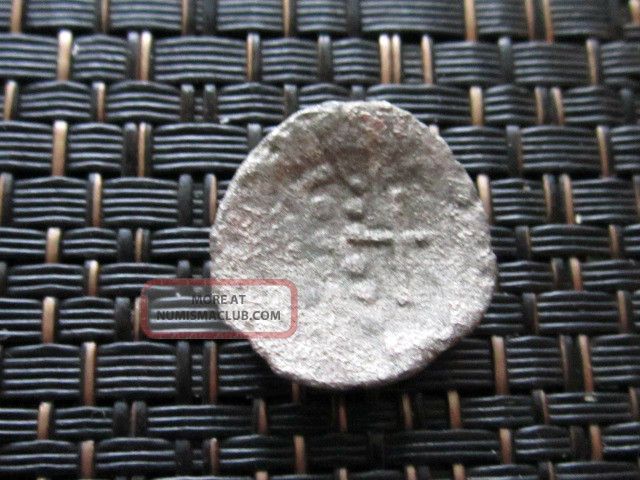 Ancient Medieval Copper Cup Coin With Cross Silvered Barbaric Imitation Coins: Medieval photo