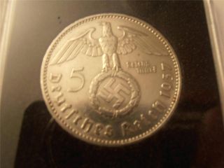 1937 - A Silver 5 Mark - Reichsmark With Swastika - Germany Nazi photo