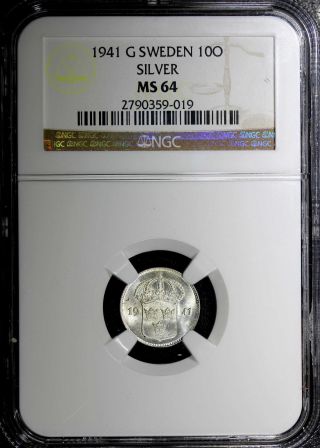 Sweden Gustaf V Silver 1941 G 10 Ore Ngc Ms64 Top Graded Km 780 N/r photo