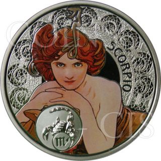 Niue 2011 1$ Alfons Mucha Zodiac Scorpio Proof Silver Coin photo