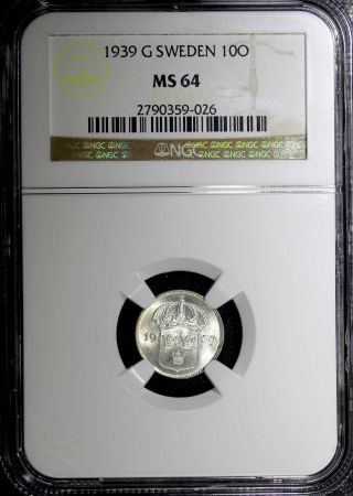Sweden Gustaf V Silver 1939 G 10 Ore Ngc Ms64 Top Graded Scarce Km 780 photo