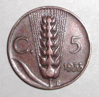 1933 - R Italia Italy 5 Centesimi,  Wheat Ear Coin photo