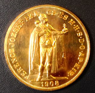 1908 Uncirculated 100 Korona Gold Coin (restrike) photo