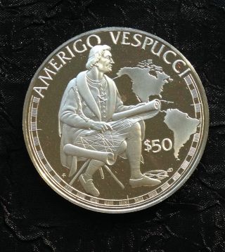 Cook Islands 50 Dollars Silver Proof,  1988,  Amerigo Vespucci photo