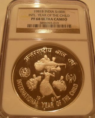 India 1981 B Silver 100 Rupees Ngc Pf - 68uc Year Of The Child photo