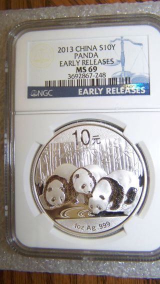 2013 1 Oz Silver Panda Ngc Ms69 Early Releases Blue Label photo