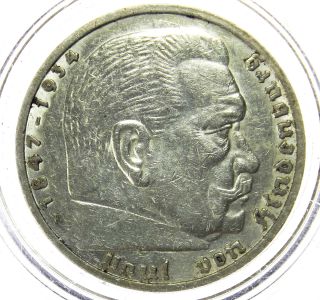 Germany,  Third Reich 5 Reichsmark,  1937 E,  Hindenburg Issue Silver Coin photo