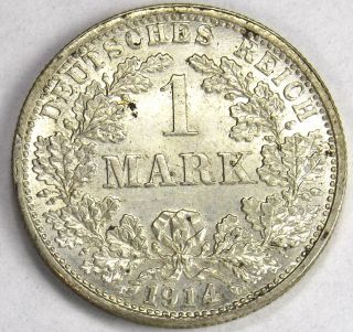 Germany,  Empire 1 Mark,  1914 F Lustrous Choice Au/ Unc Silver Coin photo