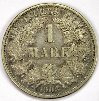 Germany,  Empire 1 Mark,  1908 G Silver Coin photo