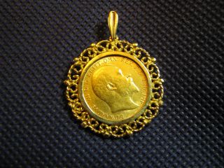 1910 Great Britain Half Sovereign 22k Gold Coin,  With 9k Pendant Frame Bail,  Nr photo