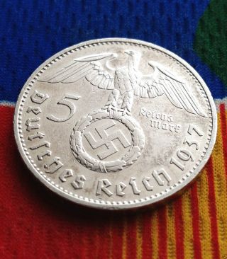 Ww2 German 5 Mark Silver Coin 1937 G Third Reich Swastika Reichmark photo