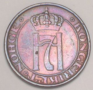 1939 Norway Norwegian 5 Ore Crowned Monogram Coin Vf Toned photo
