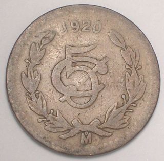 1920 Mexico Mexican Five 5 Centavos Eagle Snake Coin photo