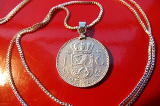 Dutch Netherlands1956 Silver Gulden Lion Pendant On A 28 