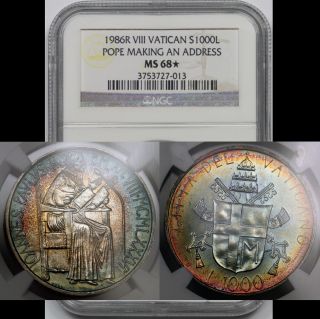 1986r Viii Vatican Silver 1000 Lire S1000l Ms 68 Star Ngc Pope - Rainbow Color photo