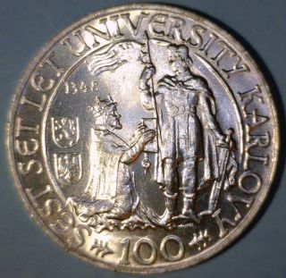 Czechoslovakia 100 Korun 1948 Brilliant Uncirculated Silver Coin - Charles Univ. photo