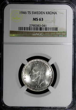 Sweden Silver Gustaf V 1946 Ts Krona Ngc Ms63 Km 814 Top Graded By Ngc photo