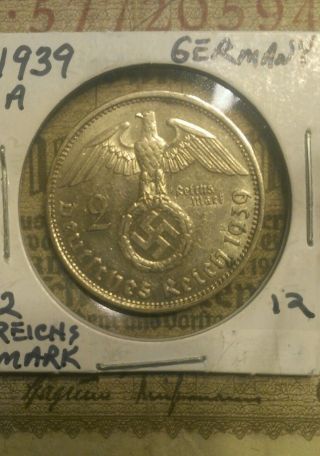 1939a German Silver 2 Mark Coin,  1937 1 Reichmark Note During Wwll Cool photo