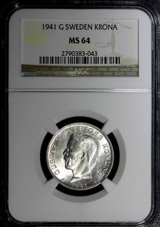 Sweden Silver Gustaf V 1941 G Krona Ngc Ms64 Km 786.  2 Top Graded Coin photo
