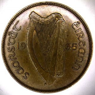 Ireland Republic 1 Penny,  1935 Lustrous Glossy Brown Unc Coin photo