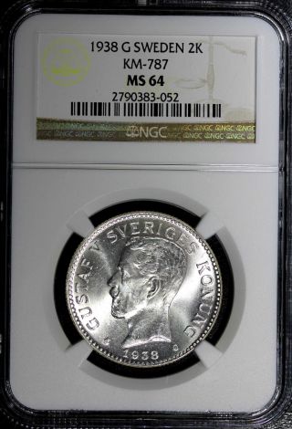 Sweden Silver Gustaf V 1938 G 2 Kronor Ngc Ms64 Low Mintage:638,  970 Km 787 photo