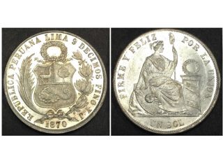 Un Sol 1870 Republica Peruana Lima 9 Decimos Finos Y.  J,  Silver Coin From Peru photo