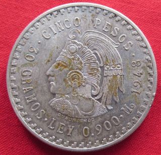 1948 Mexico 5 Peso Foreign Coin Glue On Obverse.  900 Silver Unc (2275) photo