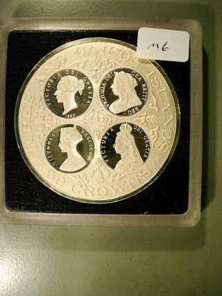 Turks And Caicos Islands 1977 Silver Proof 50 Crowns With 4 Queens photo