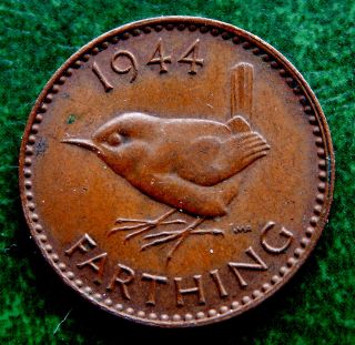 1944 Uk Great Britain Farthing Coin Km 843 Sb1749 photo