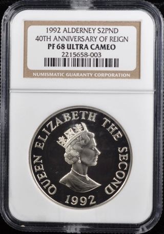 1992 Alderney Silver 2 Pounds 40th Anniv Of Reign Ngc Pf68 Ultra Cameo Km 3a photo