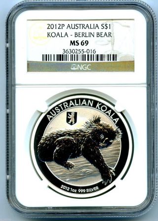 2012 P Silver Australia Ngc Ms69 Koala Berlin Bear Privy Proof Like 50000 Minted photo
