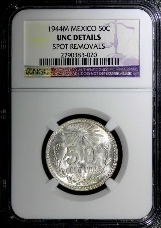 Mexico Silver 1944 M 50 Centavos Ngc Uncirculated Details Km 447 N/r photo