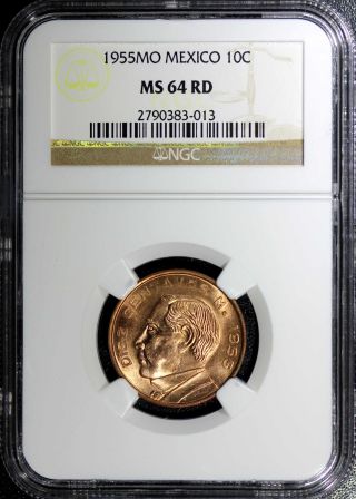 Mexico Bronze 1955 Mo 10 Centavos Ngc Ms64 Rd Bright Red Km 433 N/r photo