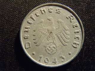 1943 - B - German - Ww2 - 10 - Reichspfennig - Germany - Nazi Coin - Swastika - World - Ab - 1730 - Cent photo