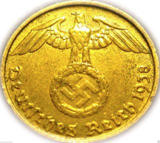 Germany - German 3rd Reich - German 1938d Gold Colored 5 Reichspfennig Coin Ww2 photo